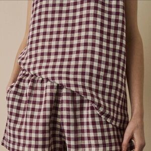 Mansur Gavriel- Burgundy and Ivory Checked Asymmetrical Sleeveless VNeck Shirt